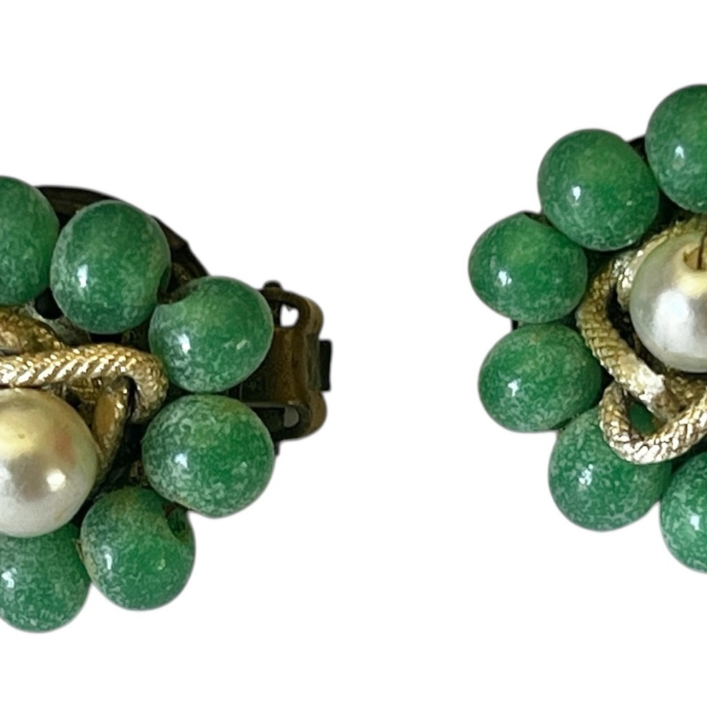 Vintage Clip-On Earrings Set Green w/ Faux Pearl & pink w/ Magenta Multicolor - Picture 7 of 15